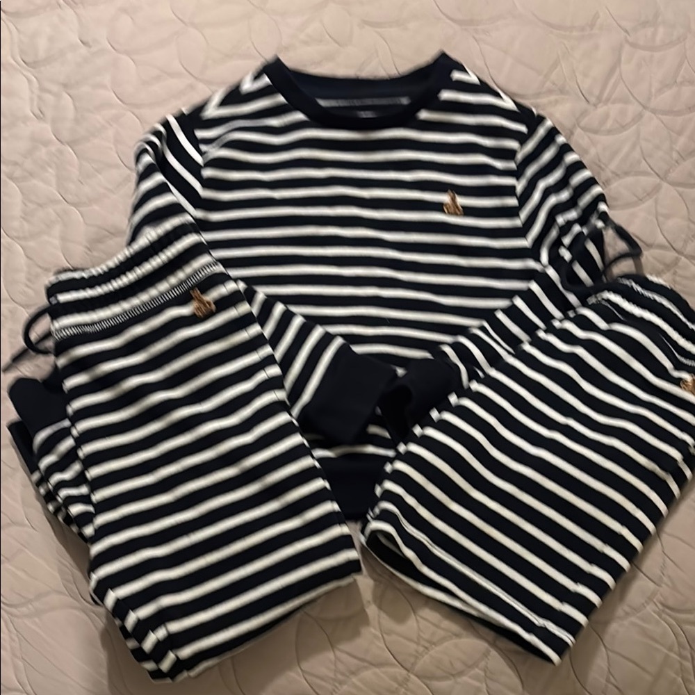 Blue and White Striped Sweatsuit Set with shorts and pants